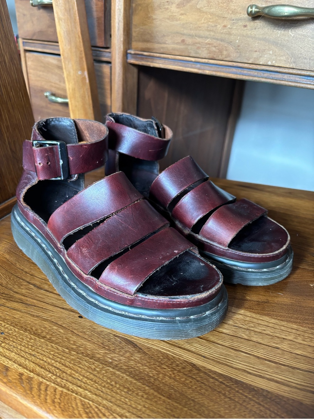 Dr. Martens Burgundy Triple-Strap Leather Platform Sandals